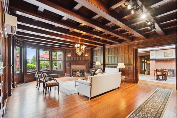 Chandelier, Dining room, Fireplace, Interior, Living room, Wooden Beams, Wooden Ceilings, Wood Texture Flooring, Wooden Walls