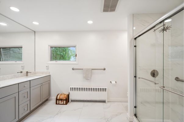 Bathroom, Glass Shower, Interior, Marble, Marble Walls, Recessed Lighting