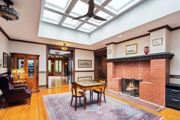 Dining room, Fireplace, Interior, Recessed Lighting, Stone Walls, Wood Texture Flooring