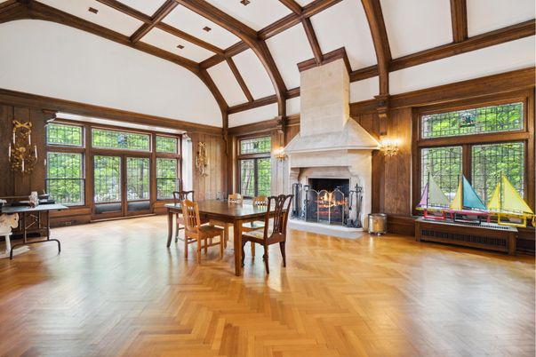 Dining room, Fireplace, Interior, Recessed Lighting, Wooden Beams, Wood Texture Flooring