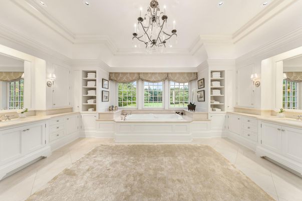 Bathroom, Chandelier, Dual Sink Vanities, Interior, Recessed Lighting
