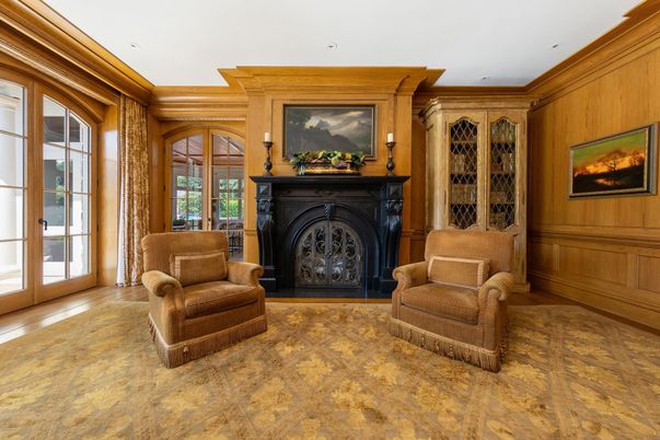 Fireplace, Interior, Recessed Lighting, Wood Texture Flooring, Wooden Walls