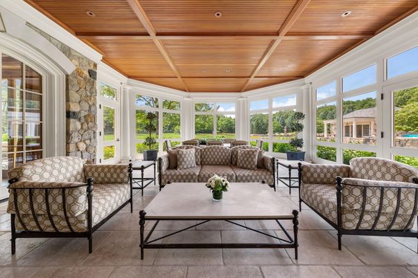 Interior, Living room, Recessed Lighting, Stone Walls, Sun Room, Wooden Ceilings