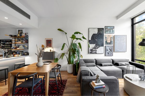 Dining room, Interior, Living room, Recessed Lighting, Wood Texture Flooring