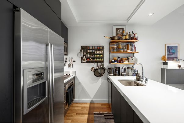 Interior, Kitchen, Recessed Lighting, Stainless Steel Appliances, Wood Texture Flooring