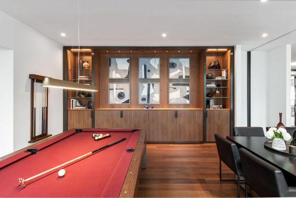 Billiard Table, Game Room, Interior, Recessed Lighting, Wood Texture Flooring