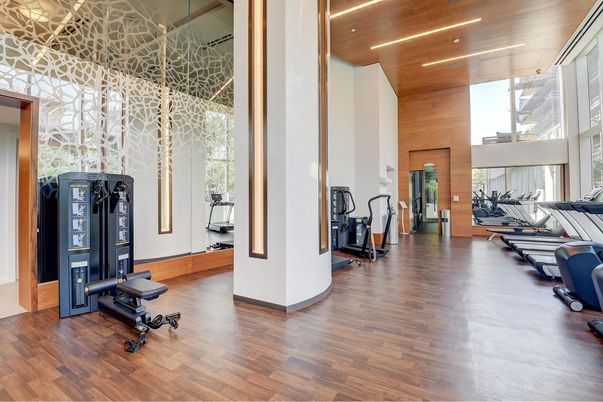 Fitness Equipment, Gym, Interior, Recessed Lighting, Wood Texture Flooring