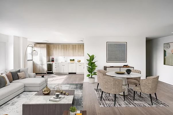 Dining room, Interior, Kitchen, Living room, Recessed Lighting, Wood Texture Flooring