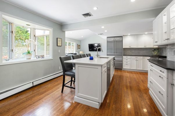 Dining room, Interior, Kitchen, Recessed Lighting, Stainless Steel Appliances, Wood Texture Flooring