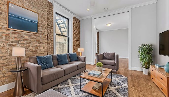 Interior, Living room, Recessed Lighting, Stone Walls, Wood Texture Flooring