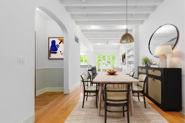 Dining room, Interior, Pendant Lights, Wood Texture Flooring