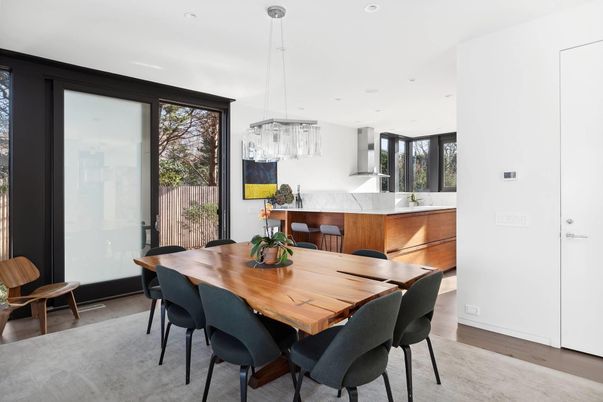 Dining room, Interior, Pendant Lights, Recessed Lighting, Wood Texture Flooring
