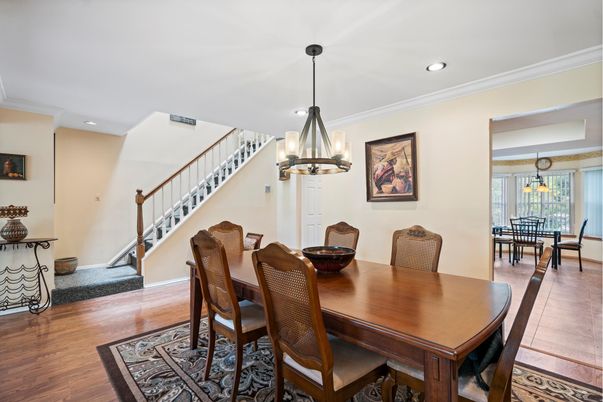 Dining room, Interior, Pendant Lights, Recessed Lighting, Wood Texture Flooring