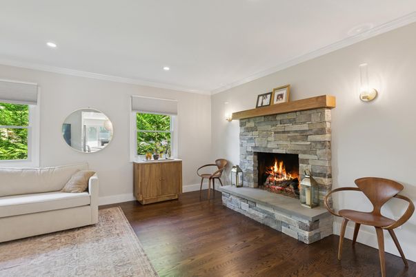 Fireplace, Interior, Recessed Lighting, Wood Texture Flooring