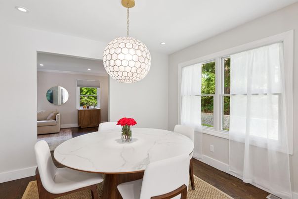 Dining room, Interior, Pendant Lights, Recessed Lighting, Wood Texture Flooring