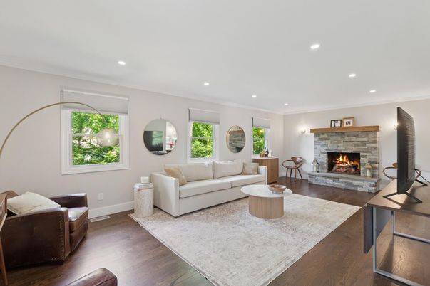 Fireplace, Interior, Living room, Recessed Lighting, Wood Texture Flooring