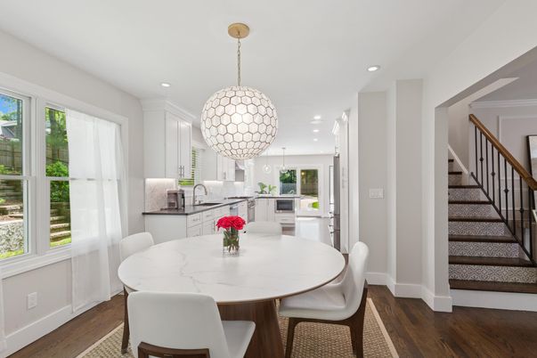 Dining room, Interior, Kitchen, Pendant Lights, Recessed Lighting, Wood Texture Flooring