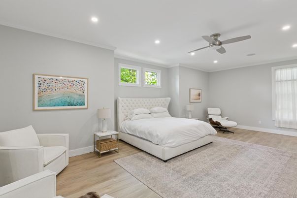 Bedroom, Interior, Recessed Lighting, Wood Texture Flooring