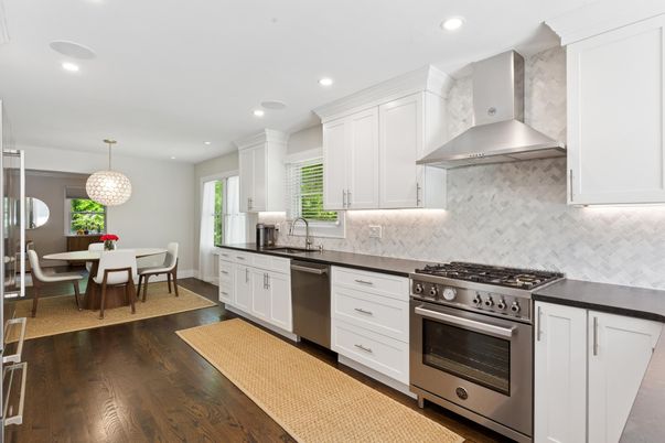 Dining room, Interior, Kitchen, Pendant Lights, Recessed Lighting, Stainless Steel Appliances, Wood Texture Flooring