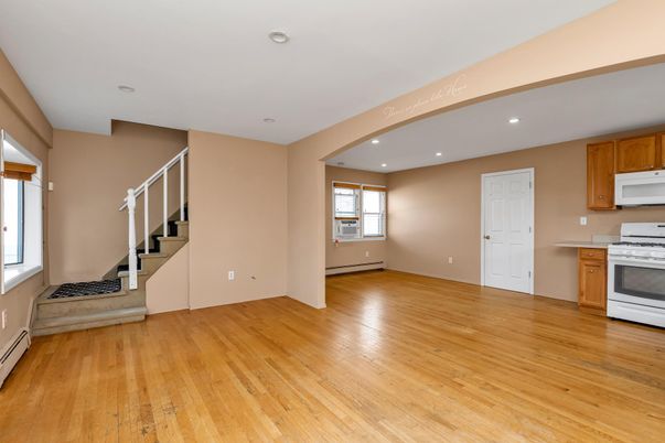 Empty room, Interior, Kitchen, Recessed Lighting, Wood Texture Flooring