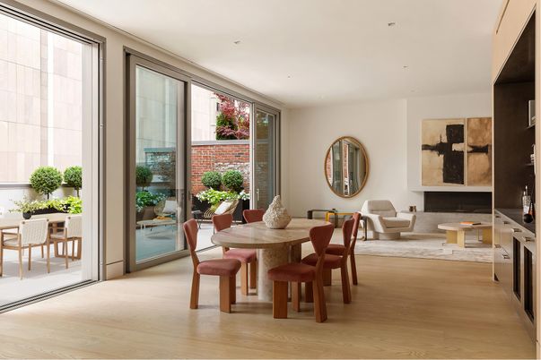 Dining room, Fireplace, Interior, Living room, Recessed Lighting, Wood Texture Flooring