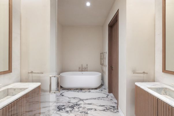 Bathroom, Free Standing Baths, Interior, Marble, Recessed Lighting
