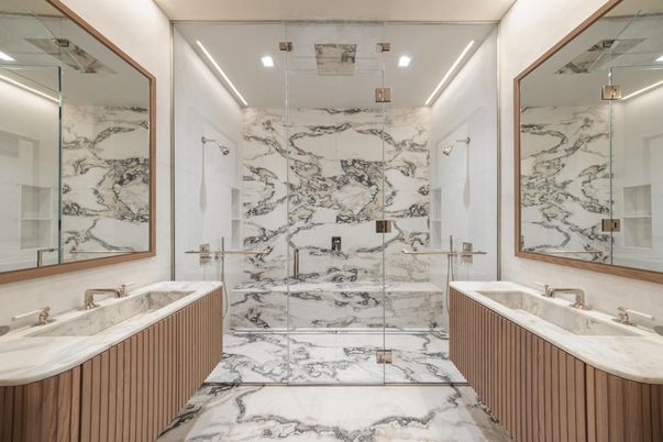 Bathroom, Glass Shower, Interior, Marble, Marble Walls, Recessed Lighting