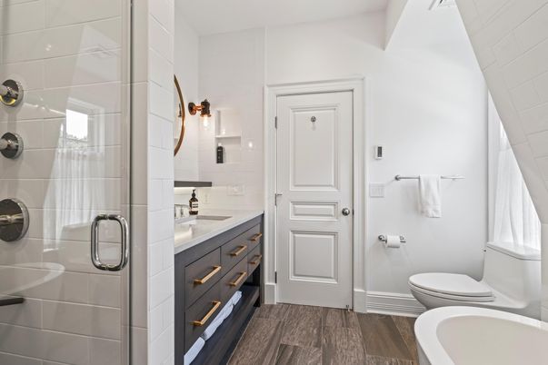 Bathroom, Glass Shower, Interior, Wood Texture Flooring
