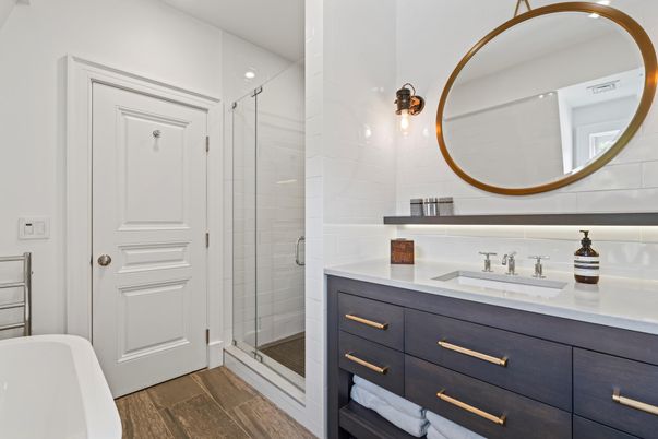 Bathroom, Glass Shower, Interior, Wood Texture Flooring