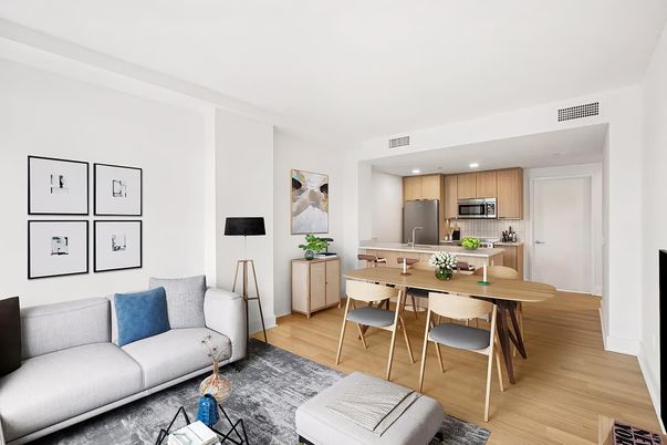 Dining room, Interior, Kitchen, Living room, Recessed Lighting, Stainless Steel Appliances, Wood Texture Flooring