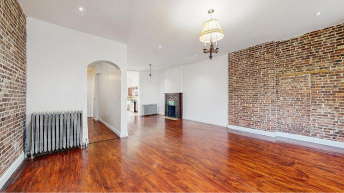 Empty room, Interior, Recessed Lighting, Stone Walls, Wood Texture Flooring