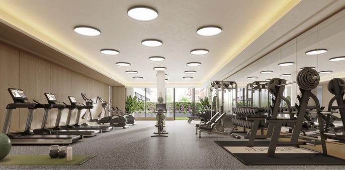 Fitness Equipment, Gym, Interior, Recessed Lighting