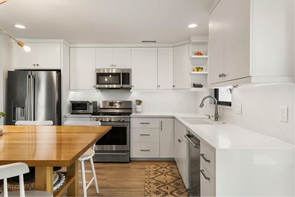 Interior, Kitchen, Recessed Lighting, Stainless Steel Appliances, Wood Texture Flooring