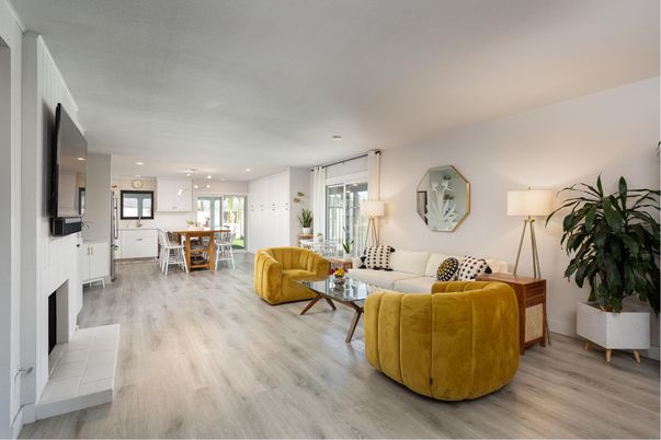 Dining room, Fireplace, Interior, Kitchen, Living room, Pendant Lights, Recessed Lighting, Wood Texture Flooring