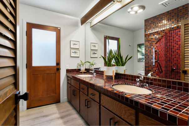 Bathroom, Dual Sink Vanities, Interior, Tile Countertops, Wood Texture Flooring