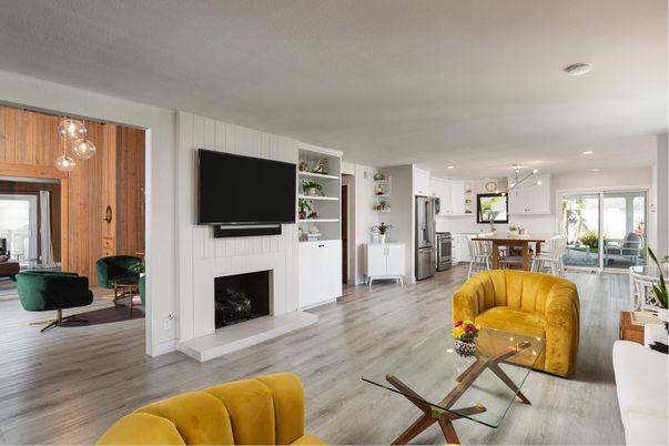 Dining room, Fireplace, Interior, Kitchen, Pendant Lights, Recessed Lighting, Stainless Steel Appliances, Wood Texture Flooring