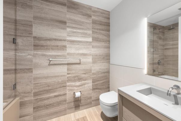 Bathroom, Glass Shower, Interior, Wood Texture Flooring