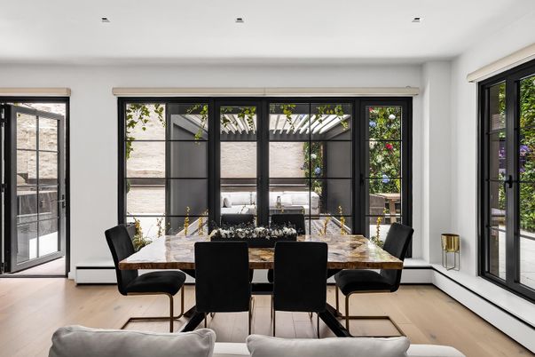 Dining room, Interior, Recessed Lighting, Wood Texture Flooring