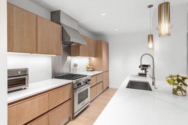 Interior, Kitchen, Pendant Lights, Recessed Lighting, Stainless Steel Appliances, Wood Texture Flooring
