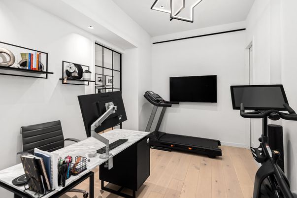 Fitness Equipment, Home Office, Interior, Recessed Lighting, Wood Texture Flooring
