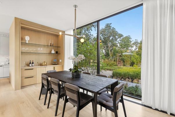 Dining room, Interior, Pendant Lights, Wood Texture Flooring