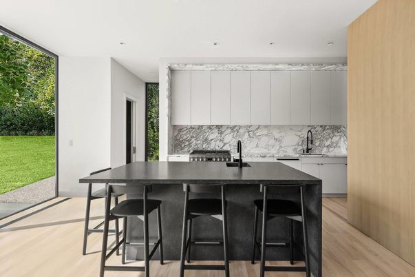 Interior, Kitchen, Marble Walls, Recessed Lighting, Wood Texture Flooring