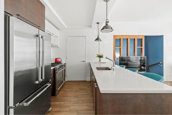 Interior, Kitchen, Pendant Lights, Stainless Steel Appliances, Wood Texture Flooring