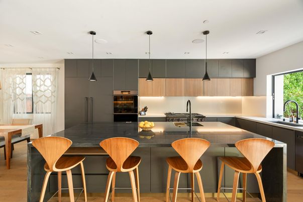 Dining room, Interior, Kitchen, Pendant Lights, Recessed Lighting, Wood Texture Flooring