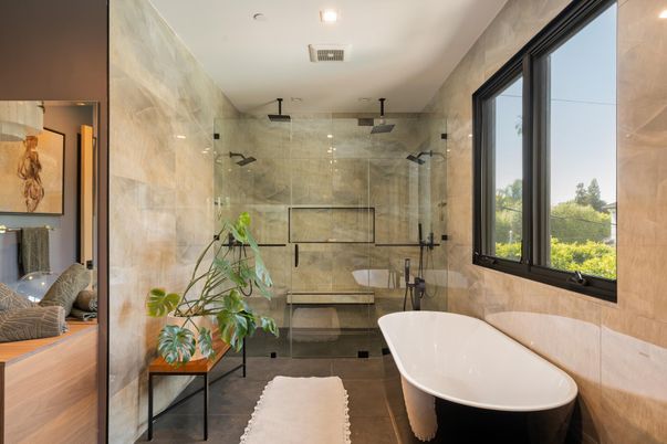 Bathroom, Free Standing Baths, Glass Shower, Interior, Recessed Lighting
