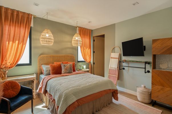Bedroom, Interior, Pendant Lights, Wood Texture Flooring