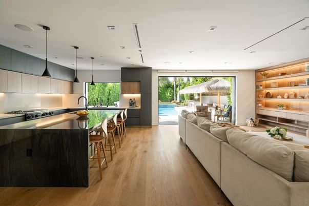 Interior, Kitchen, Living room, Pendant Lights, Recessed Lighting, Stainless Steel Appliances, Wood Texture Flooring