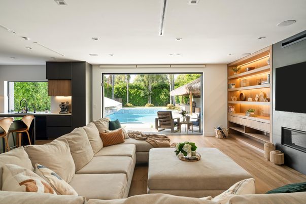 Fireplace, Interior, Kitchen, Living room, Recessed Lighting, Wood Texture Flooring