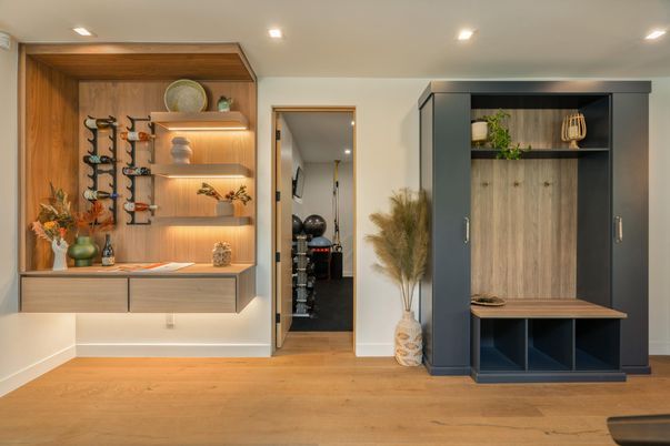 Interior, Recessed Lighting, Wine Storage, Wood Texture Flooring, Wooden Walls