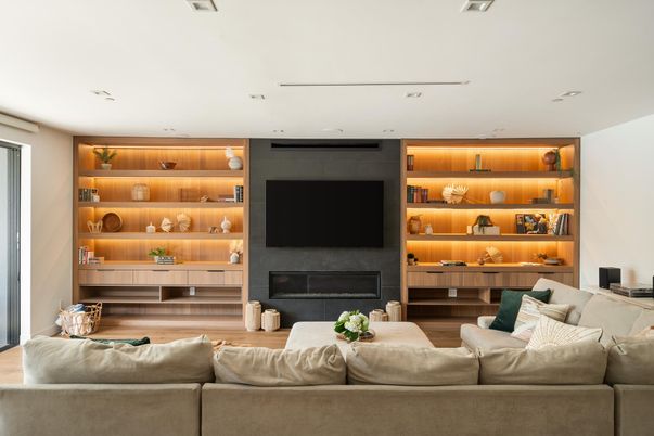 Fireplace, Interior, Living room, Recessed Lighting, Wood Texture Flooring